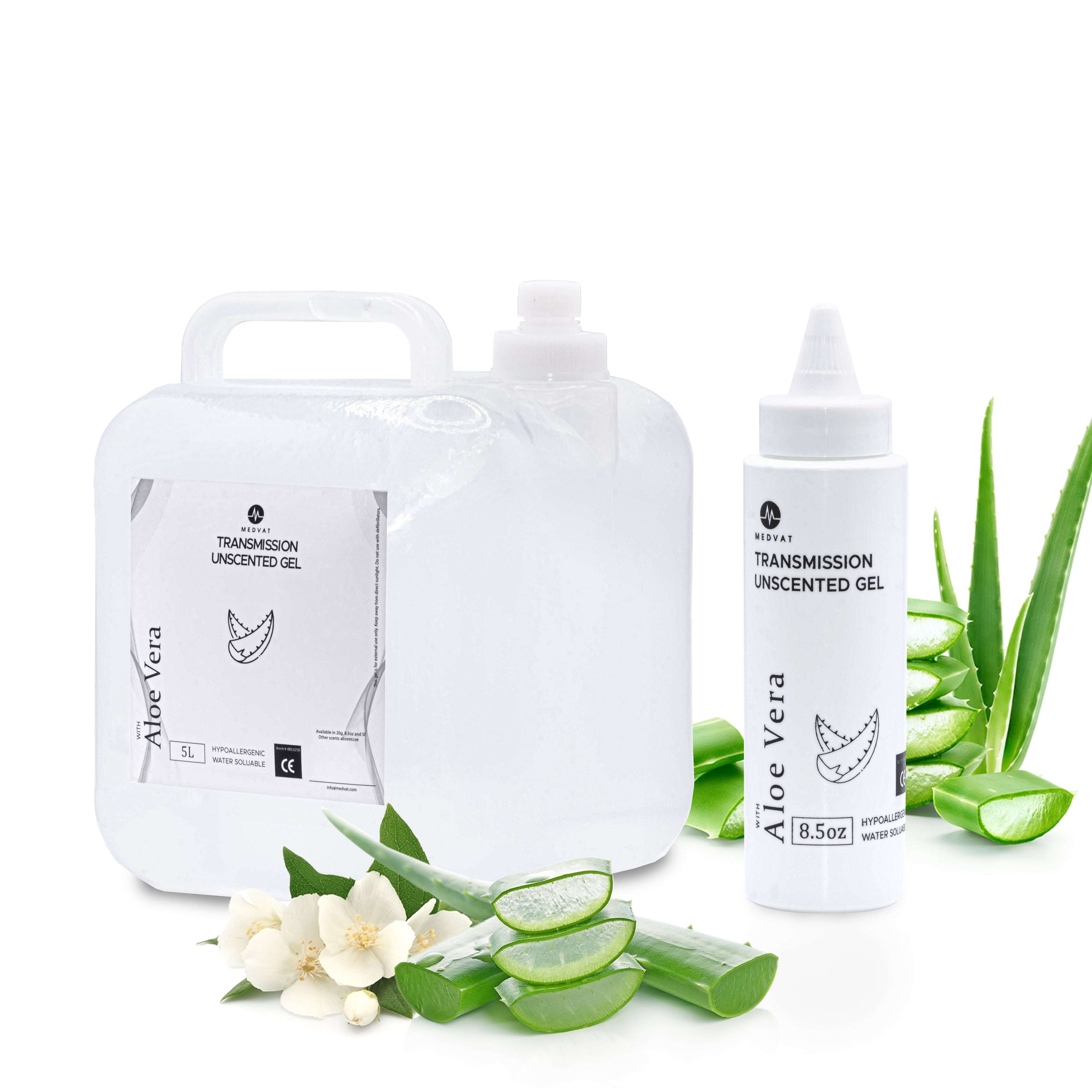 Medvat Unscented Conductive Transmission Ultrasonic Gel with Aloe Vera, Non-Irritating Hypoallergenic Cavitation, 5L with 8.5oz. Squeeze Bottle