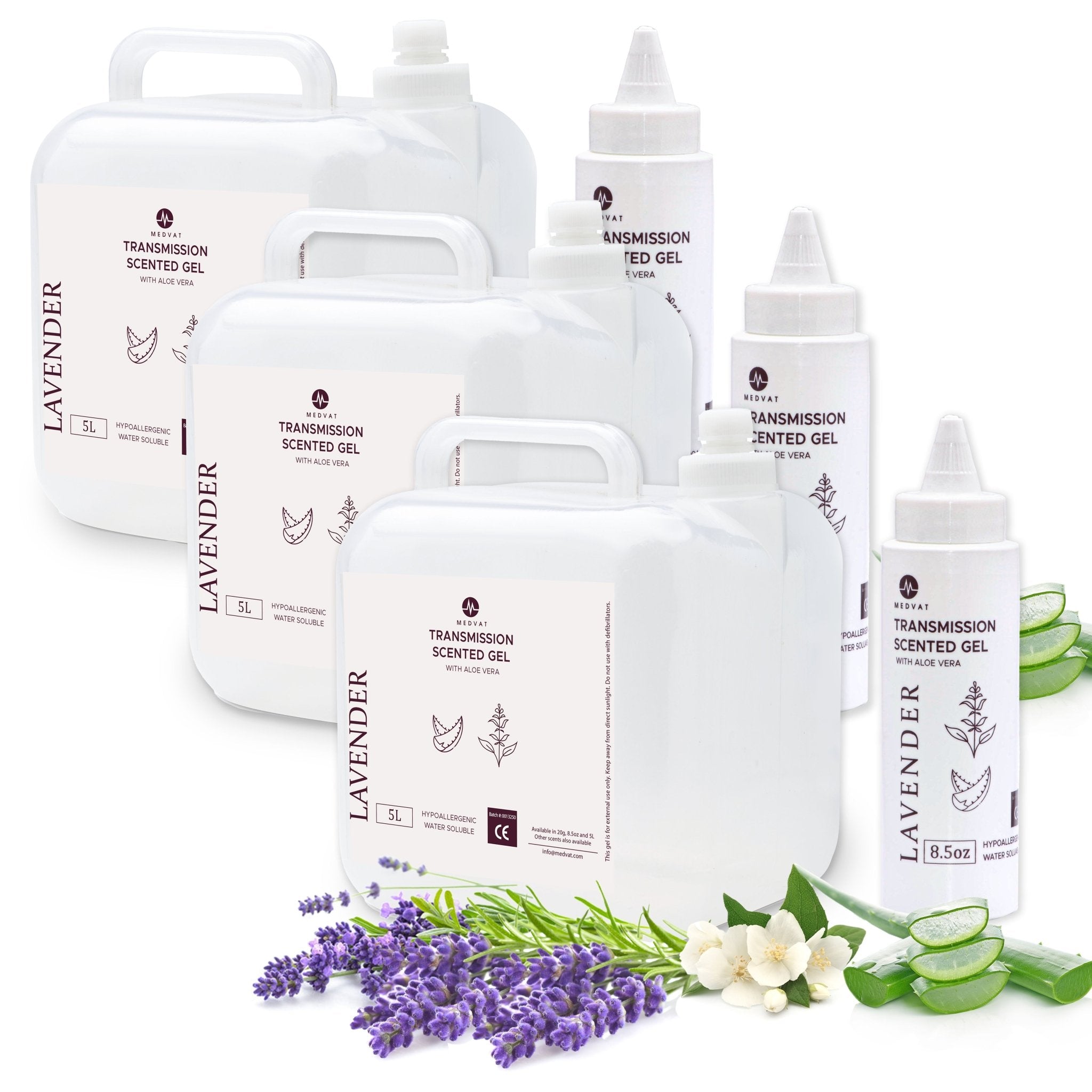 Medvat Lavender Scented Transmission Gel with Aloe Vera, Non - Irritating Hypoallergenic Cavitation, 5L with 8.5oz. Squeeze Bottle - Medvat