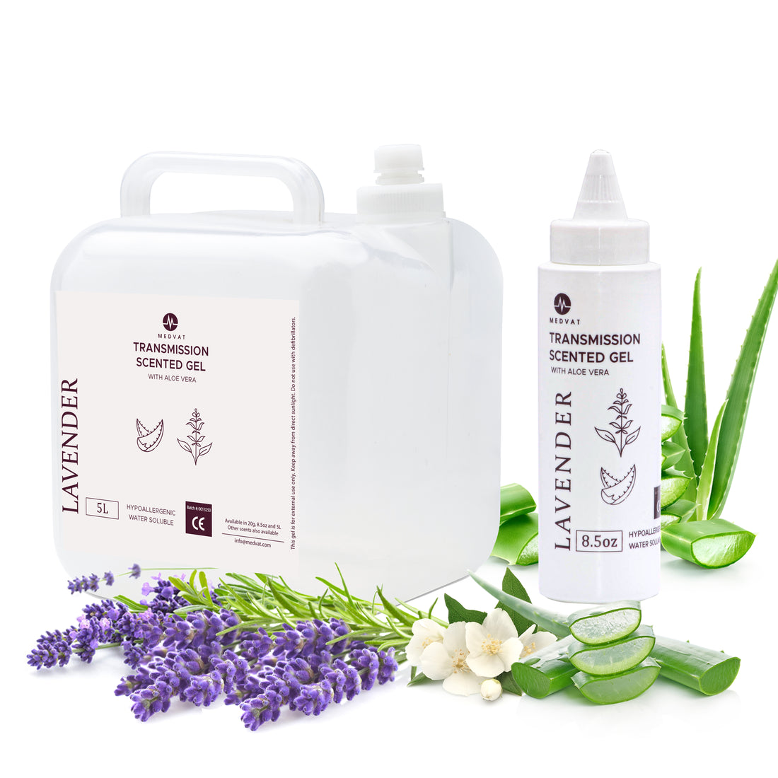 Medvat Lavender Scented Conductive Transmission Ultrasonic Gel with Aloe Vera, Non-Irritating Hypoallergenic Cavitation, 5L with 8.5oz. Squeeze Bottle
