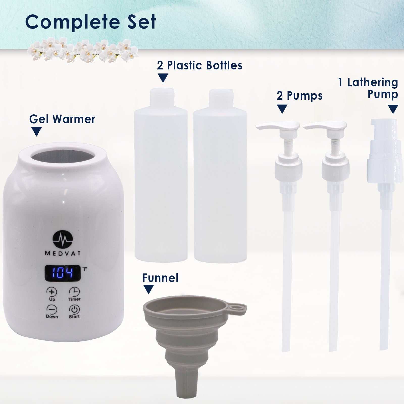 Gel Warmer with Digital Display, Built in Timer & Adjustable Temperature- Includes 2 Bottles, 3 Pumps, & Funnel - Medvat