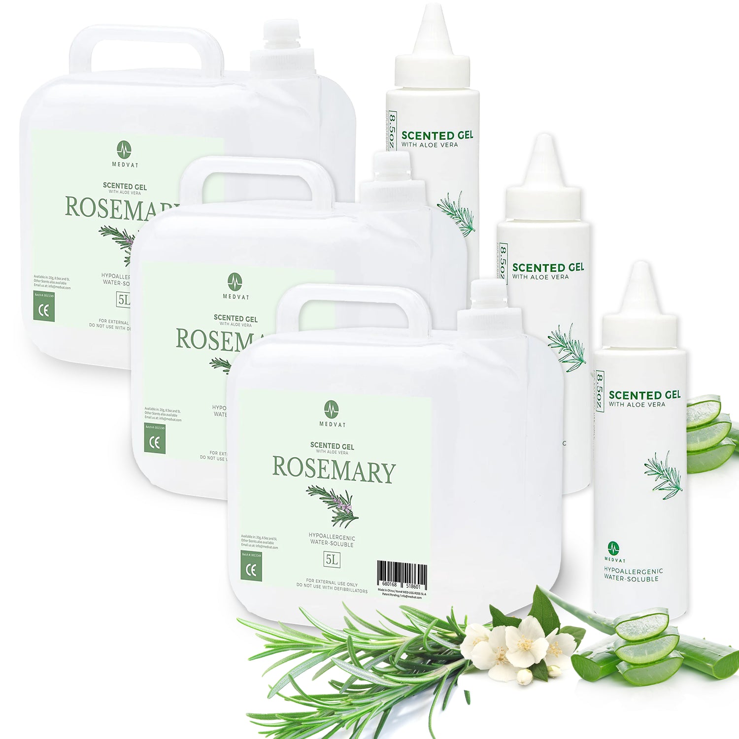 Medvat Rosemary Scented Conductive Transmission Ultrasonic Gel with Aloe Vera, Non-Irritating Hypoallergenic Cavitation, 5L with 8.5oz. Squeeze Bottle